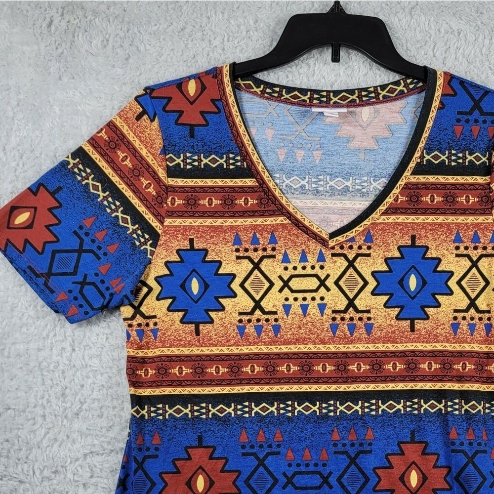 LuLaRoe Classic T Shirt Womens Medium Blue Southwestern Aztec V-Neck Top